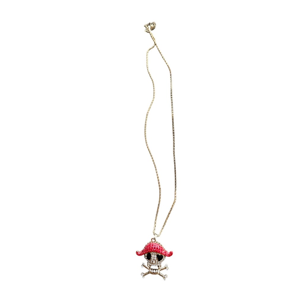 Betsey Johnson Pirate Skull Crossbones Rhinestone Gold Tone‎ Necklace Red Hat